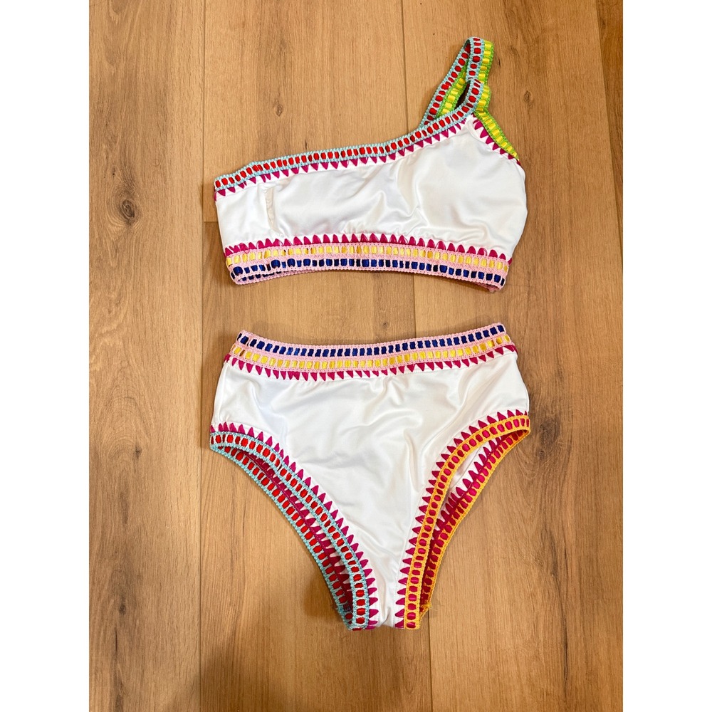 Bar III Womens White One Shoulder Crochet Trim Bikini Set Small 8MBGG99M